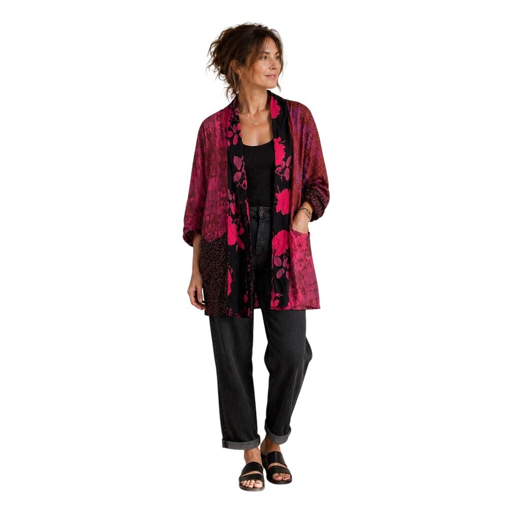 URU pink black mixed pattern floral kimono jacket